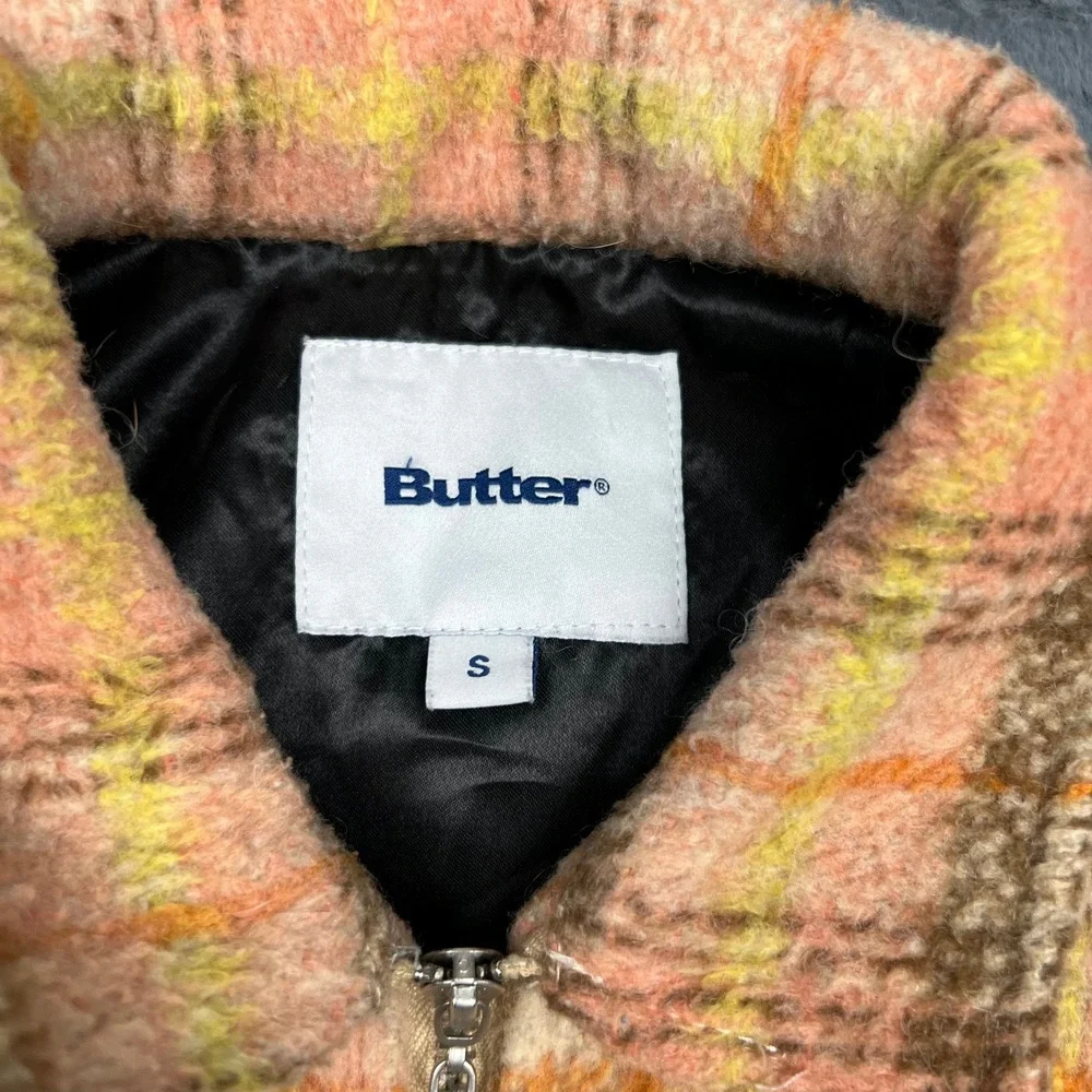 Butter Goods Plaid Zip Up Jacket Peach Brown Yellow Streetwear Mens Small 11657
